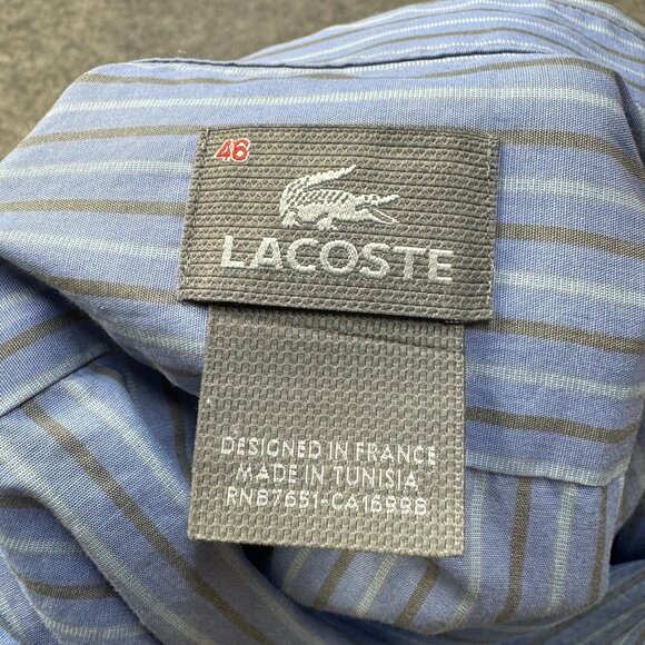 Lacoste Dress Shirt Mens 2XL Size 46 Blue Brown Striped Button Up Logo Pocket - Picture 3 of 9